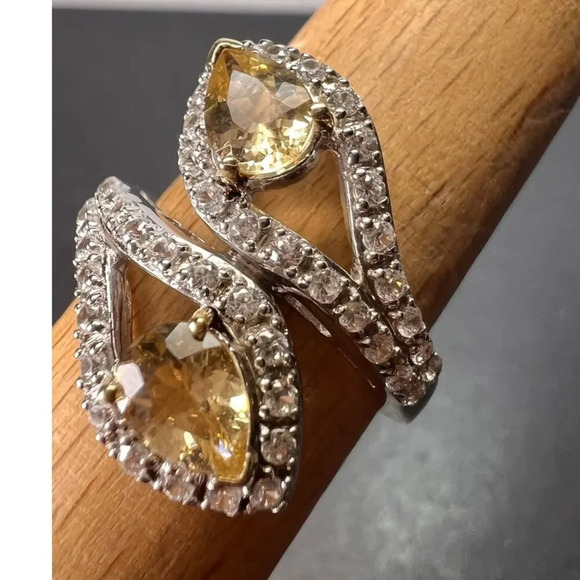 Yellow Beryl and Zircon Sterling Silver Bypass Ring size 9 - Picture 2 of 9